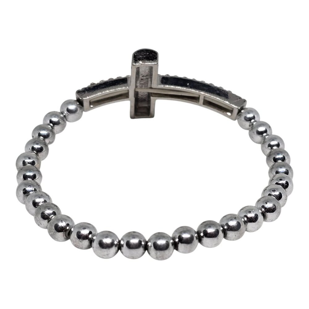 Rhinestone Cross Beaded Stretch Bracelet In Silver Tone - Picture 5 of 7